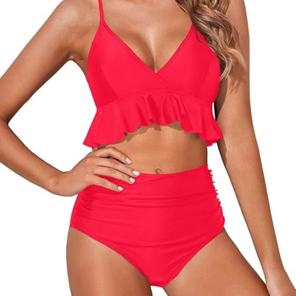 Women Two Piece Swimsuits High Waisted Bikini Set Ruffle Size XL